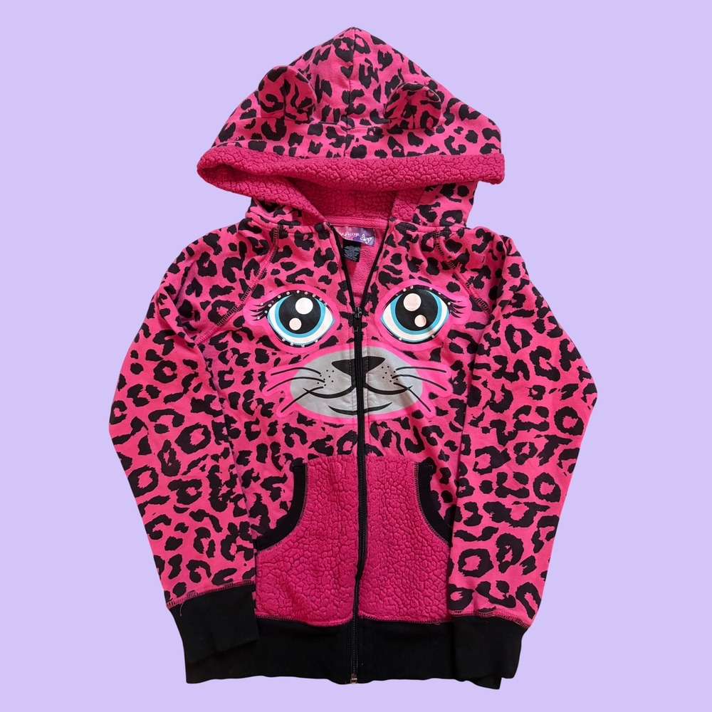 Y2K Self Esteem Pink Leopard Cat Face Zip Up Hoodie Rhinestone Ears Scene #19